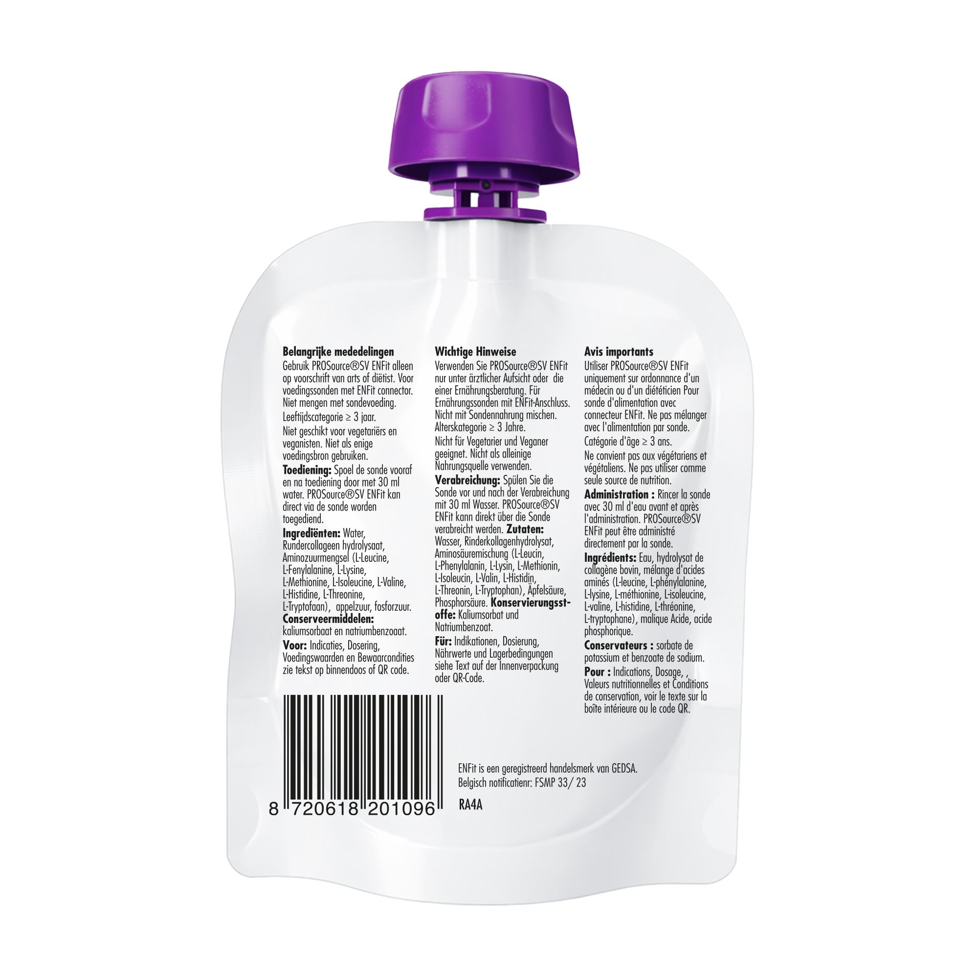 Rückseite des Beutels mit lila Verschluss. Text in mehreren Sprachen, Barcode und QR-Codes.
