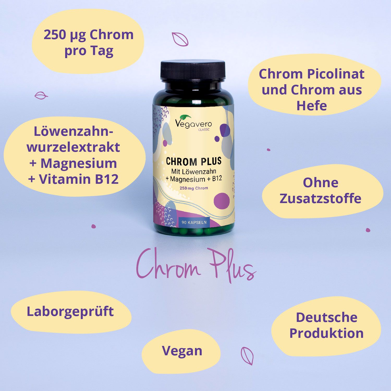 Grüne Flasche mit schwarzen Deckel. Aufschrift: VEGAVERO, CHROM PLUS, Magnesium + B12, 90 Kapseln. Zusätzliche Informationen.