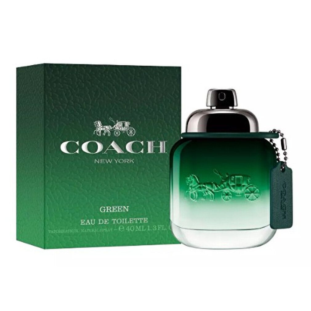 Coach Green Eau de Toilette Flakon und Verpackung. Flakon mit silbernem Verschluss und Anhänger.