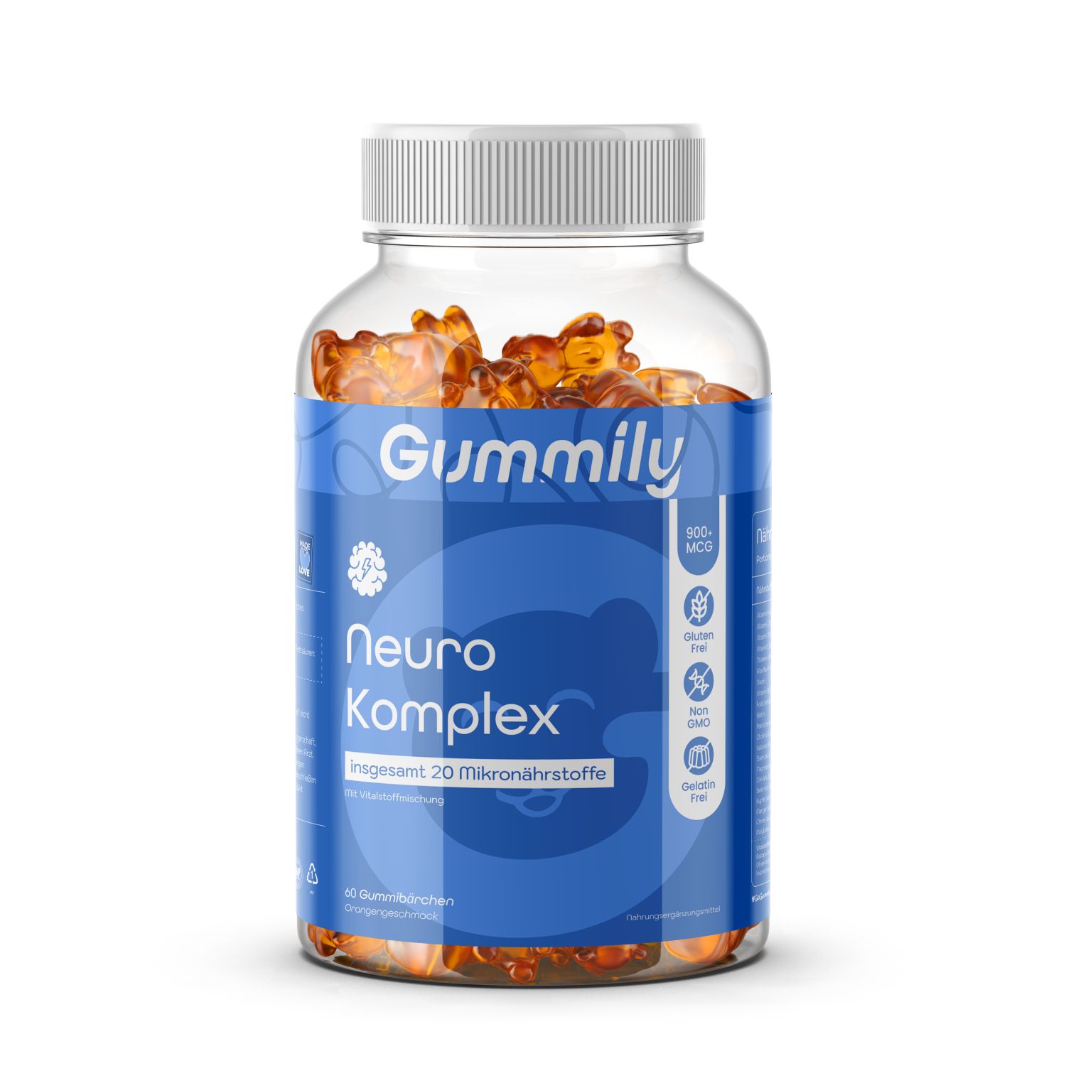 Klare Glasflasche mit weißen Deckel. Enthält braune Gummibärchen. Blaues Etikett mit weißer Schrift: Gummily, Neuro Komplex.