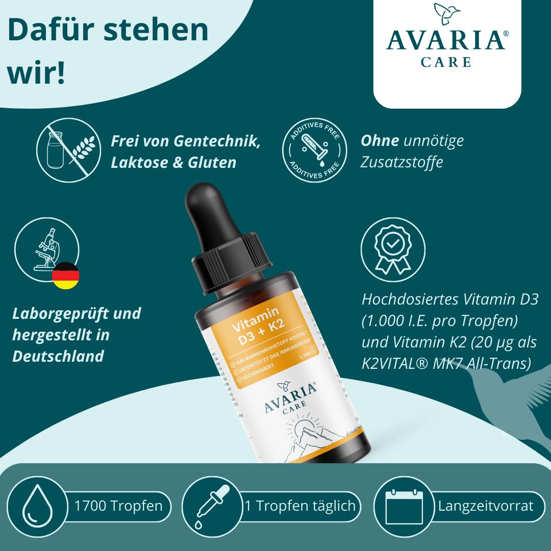 AVARIA CARE® Vitamin D3 K2 Tropfen – hochwertiges K2VITAL® 99,7% all-trans – MCT Öl