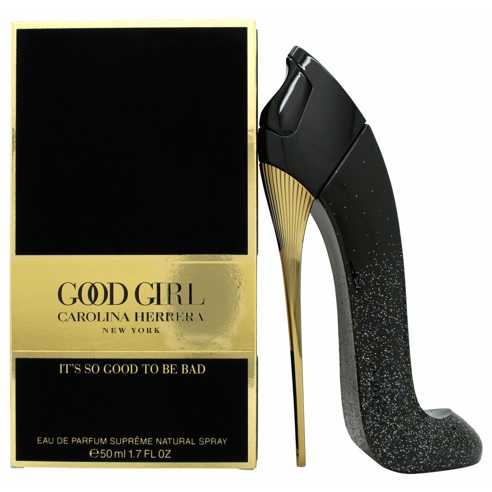 Schwarzer Schuh-Flakon und Schachtel. Goldfarbene Details. Aufschrift: Good Girl, Carolina Herrera.