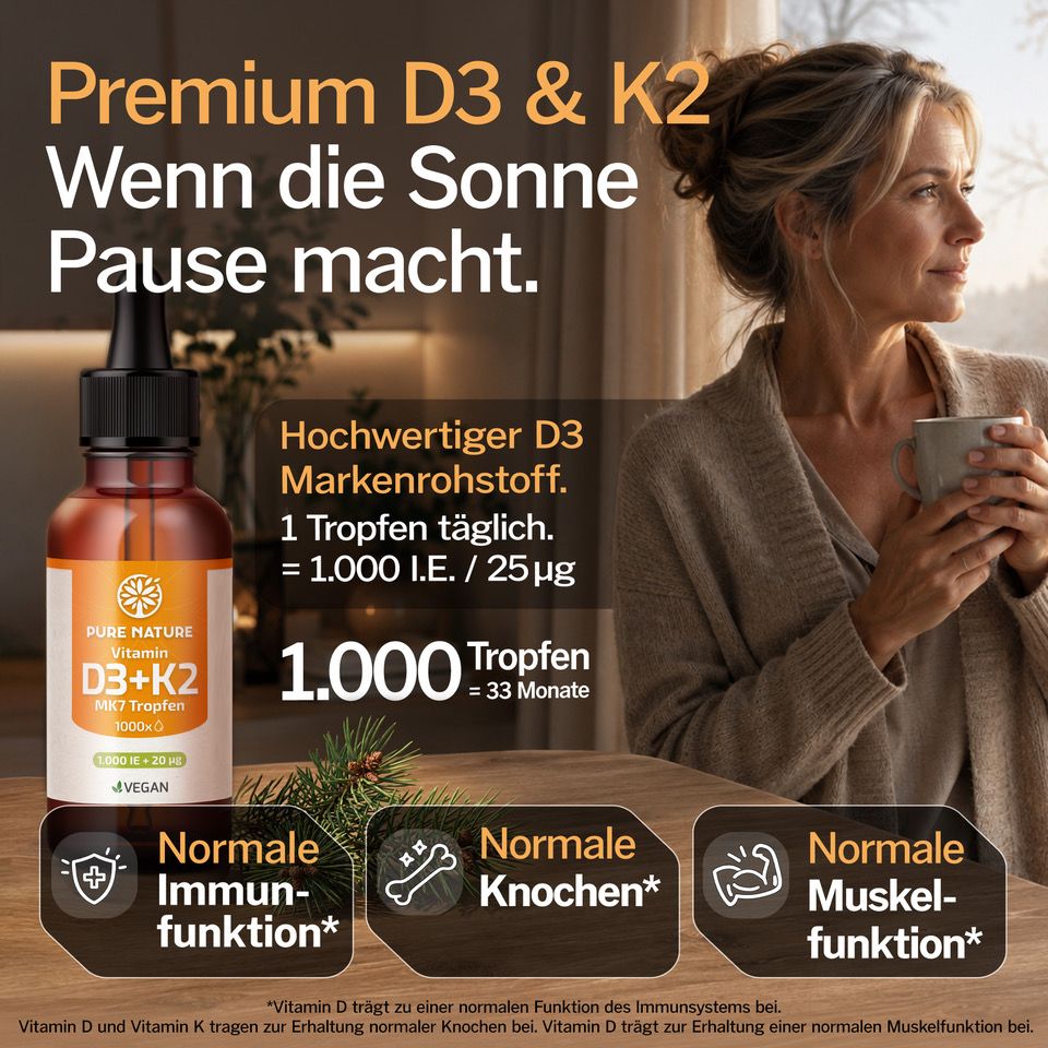 Frau mit Tasse, neben Flasche Pure Nature Vitamin D3+K2 Tropfen. Icons für Immunität, Knochen, Muskeln.