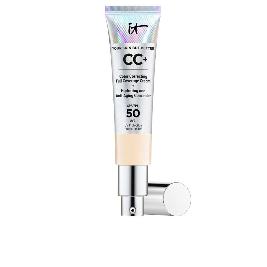 Tube mit CC+ Creme. Text: Your Skin But Better, Color Correcting, Full Coverage Cream, SPF 50. Farbton: Fair.