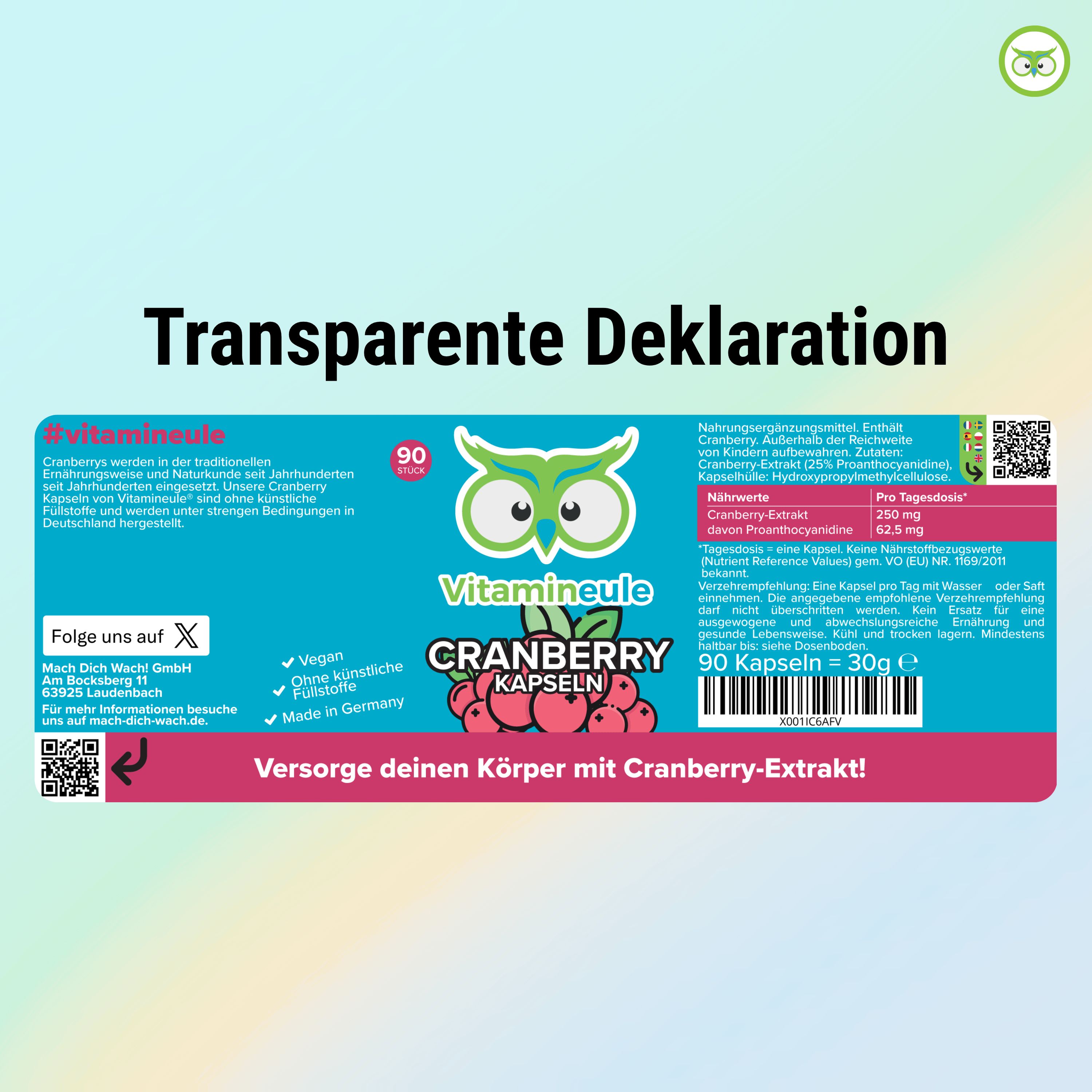 Blaues Etikett mit Text: Transparente Deklaration. Logo: Vitamineule. Cranberry Kapseln. Inhaltsstoffe, Nährwerte. 90 Kapseln, 30g.