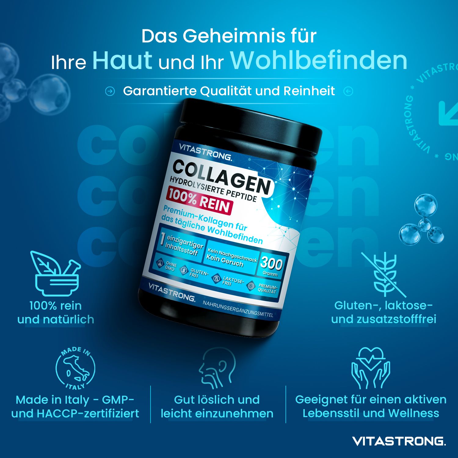 Dose Vitastrong Kollagen. 100% rein, ohne Gluten, Laktose und Zusatzstoffe. Hergestellt in Italien. GMP- und HACCP-zertifiziert.