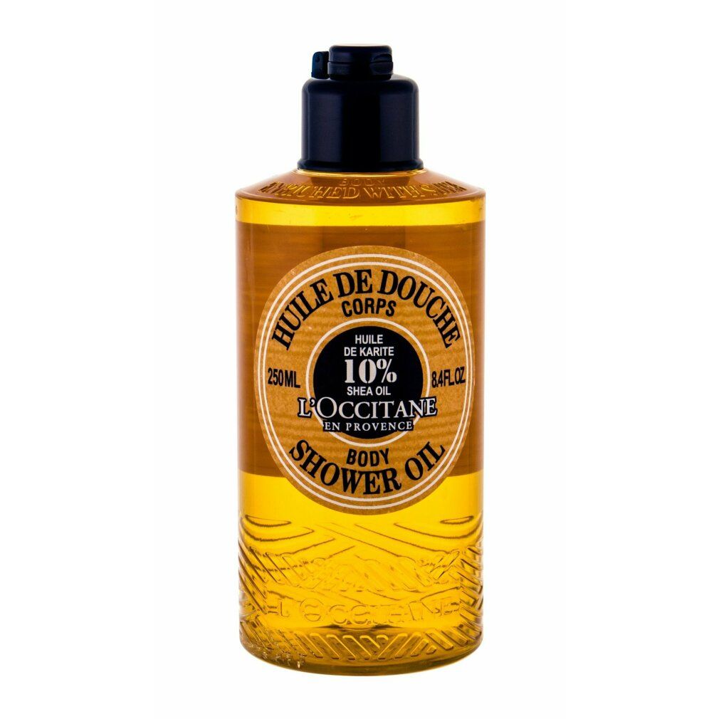 Körper-Duschöl, braune Flasche mit schwarzem Deckel. Aufschrift: Huile de Douche Corps, 10% Shea Oil, L'Occitane.