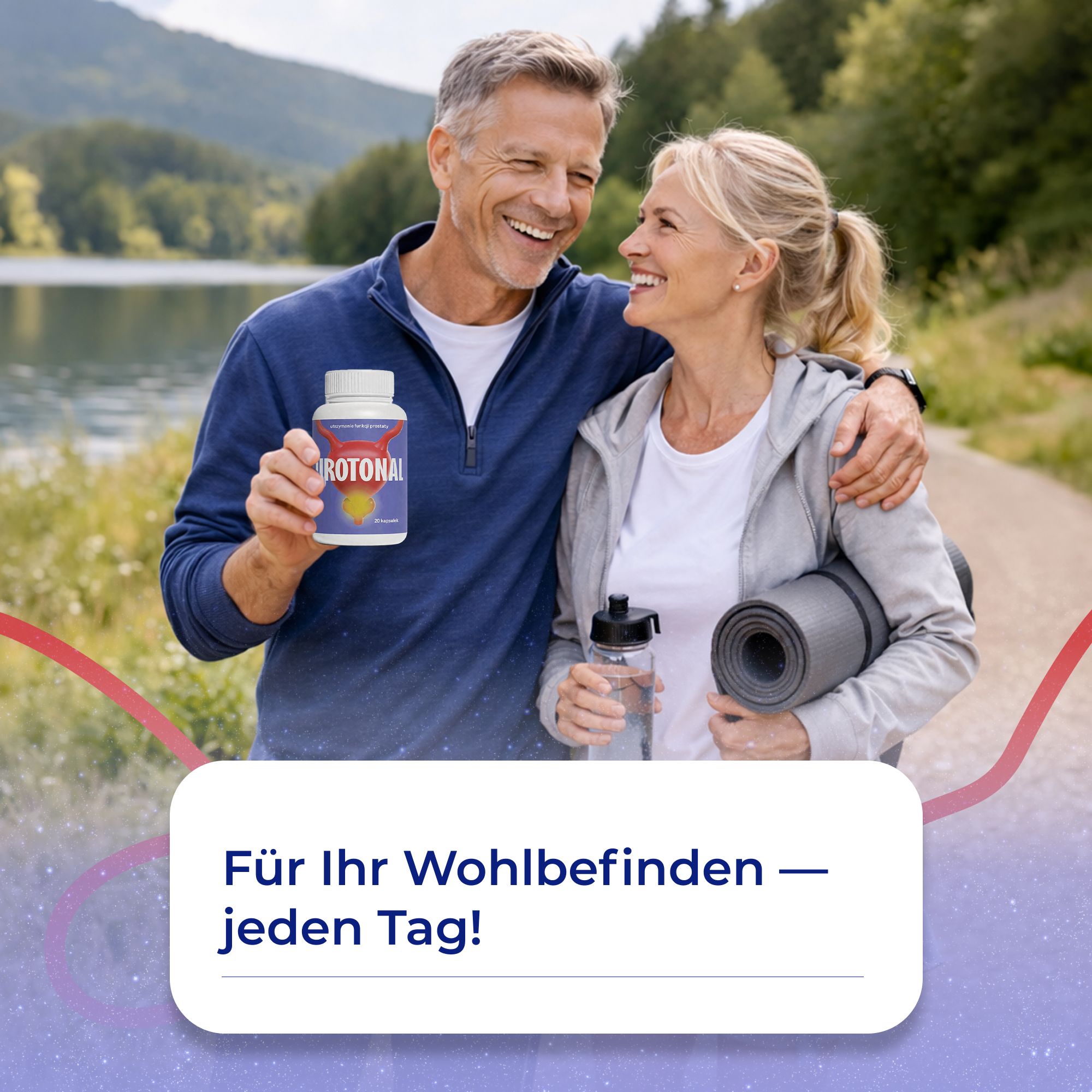 Ein Paar am See mit Urotonal-Packung. Text: Für Ihr Wohlbefinden – jeden Tag!