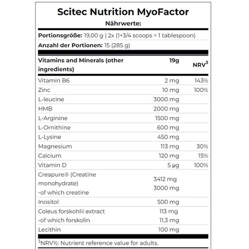 Nährwerttabelle von Scitec Nutrition MyoFactor. Enthält Vitamine, Mineralien und Inhaltsstoffe. Angaben in mg und %.