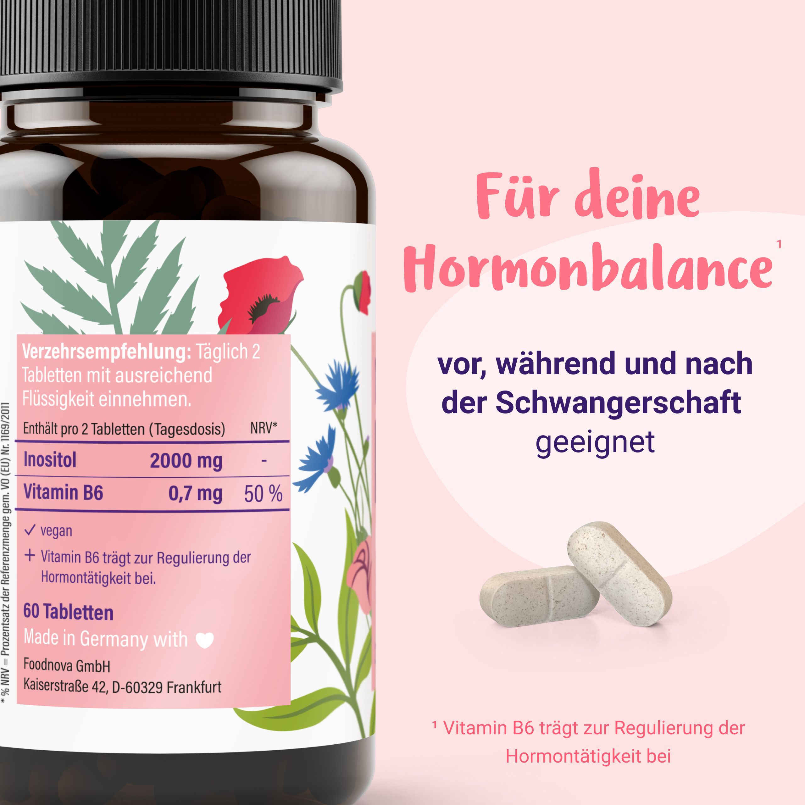 PregniVital Myo-Inositol Dose mit Nährwertangaben und Blütenmotiv. Für deine Hormonbalance.