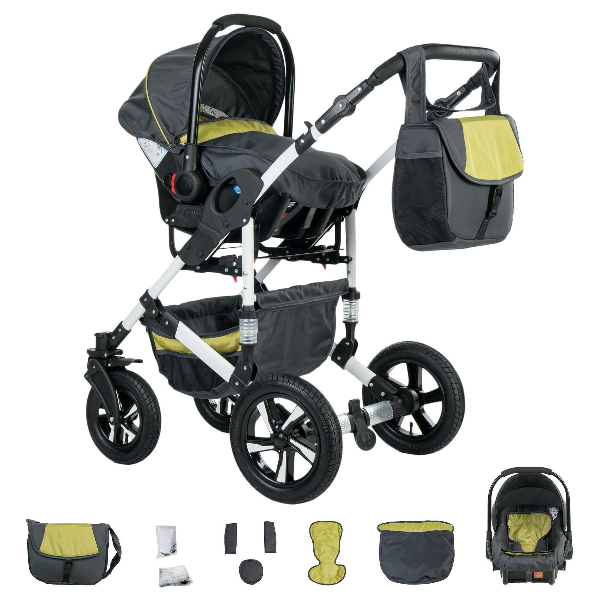 Friedrich Hugo Hamburg 4 in 1 Kinderwagen Komplettset ISOFIX Basis Hartgummireifen, Grey & Green