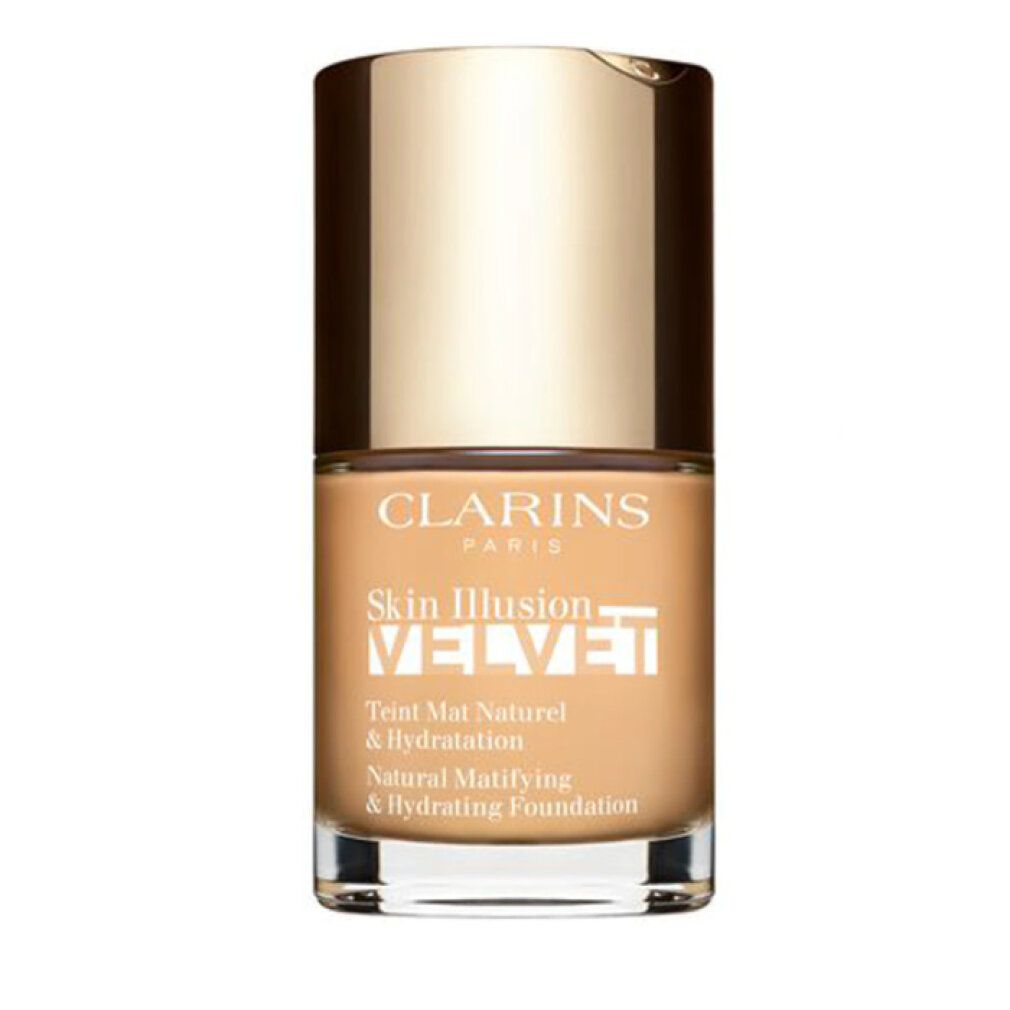 Flakon mit goldfarbenem Deckel. Aufschrift: Skin Illusion Velvet, Natural Matifying & Hydrating Foundation.