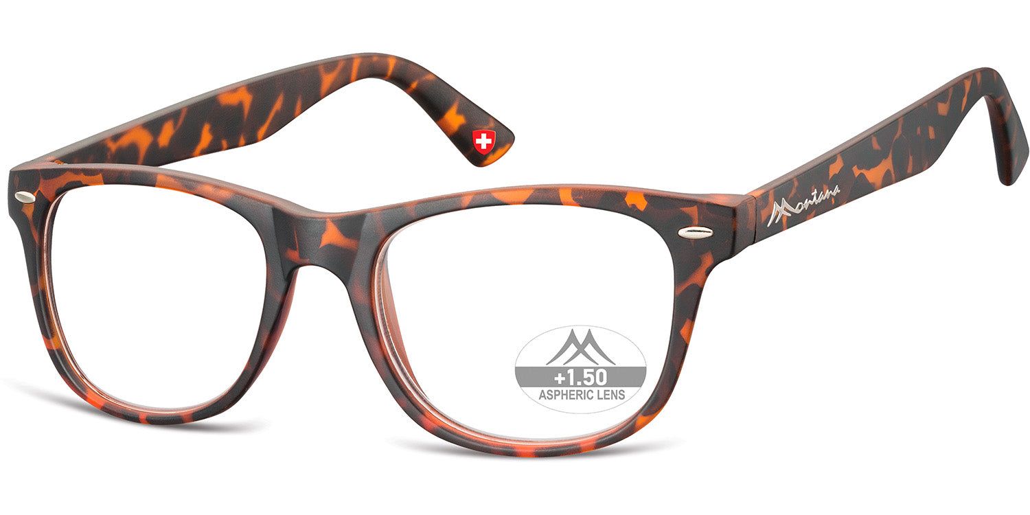 Brille mit braunem Muster, rechteckiger Rahmen, Logo und Stärke +1.50 auf dem Glas.