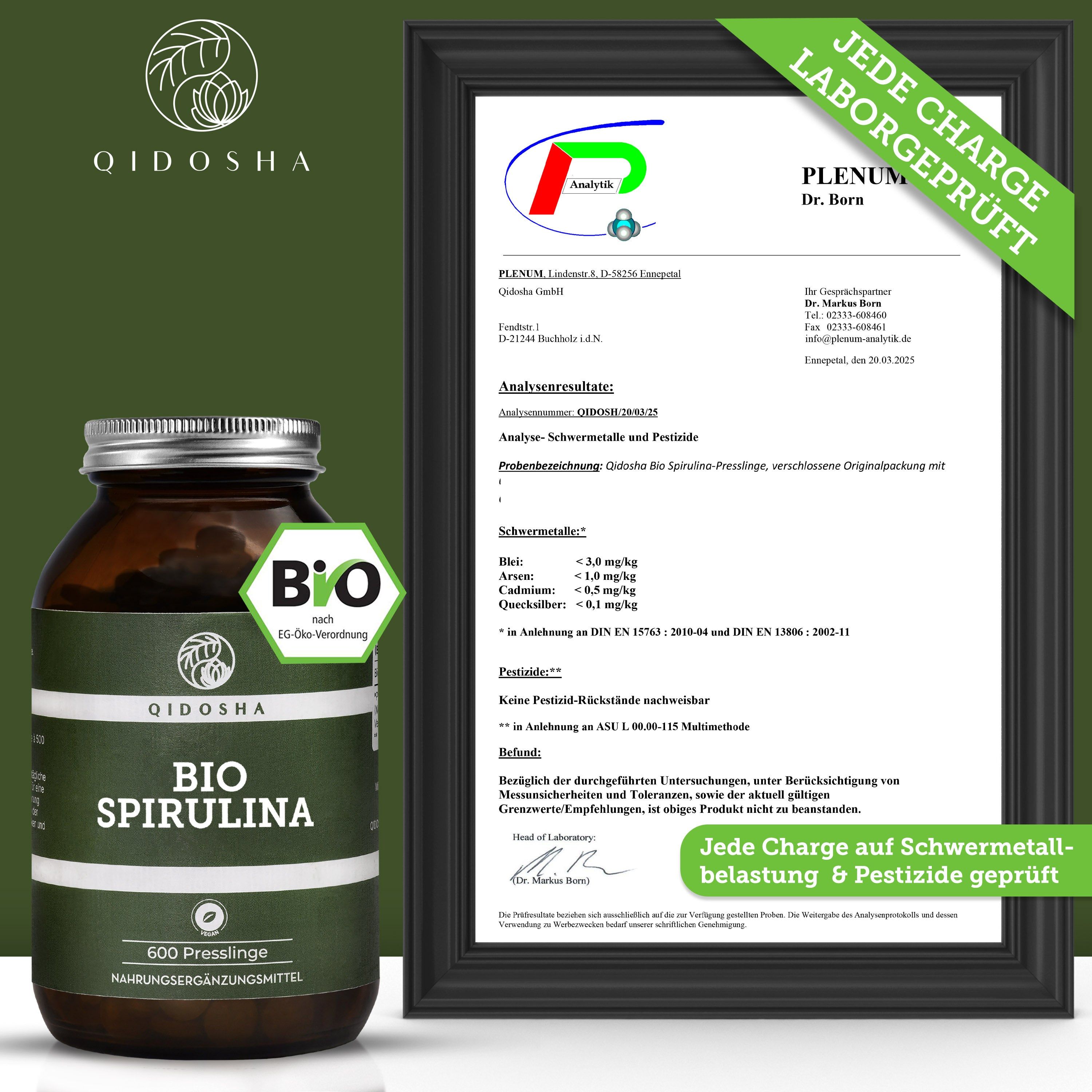 Qidosha Bio Spirulina Presslinge in Braunglasflasche, 600 Stück. Laborgeprüft auf Schwermetalle & Pestizide.