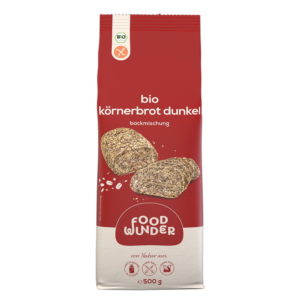 Verpackung mit Bio Körnerbrot dunkel Backmischung. Rote Verpackung mit Brot-Illustration. Logo: Food Wunder.
