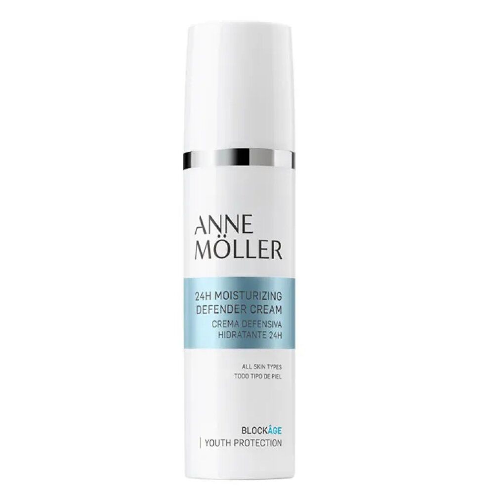 Weiße Creme-Flasche mit silbernem Ring. Text: Anne Moller, 24h Moisturizing Defender Cream.