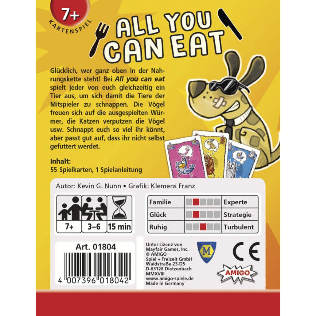 Rückseite der Spielkartenbox. Titel: ALL YOU CAN EAT. Illustrationen und Text in Deutsch. CE-Kennzeichnung.
