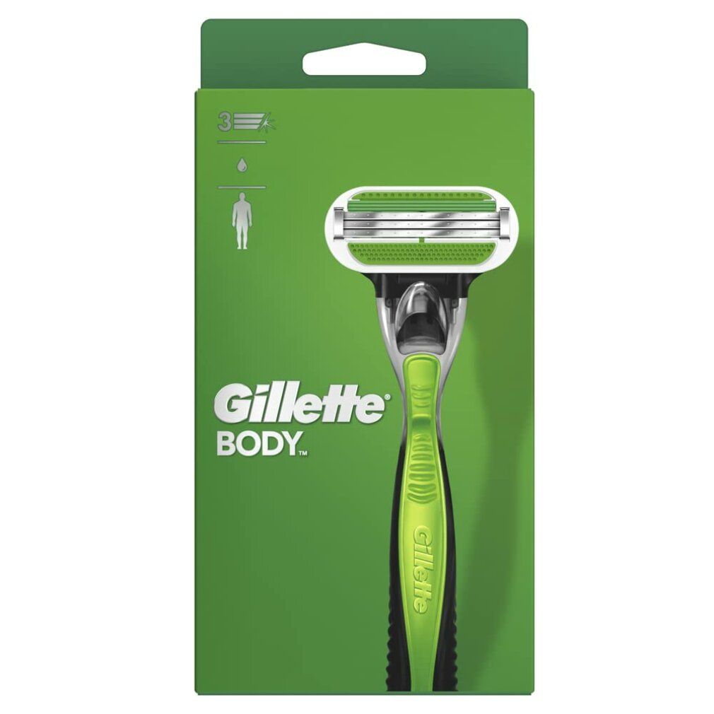 Gillette Body Rasierer in grüner Verpackung. Rasierer mit grünem Griff. Logo und Produktname.