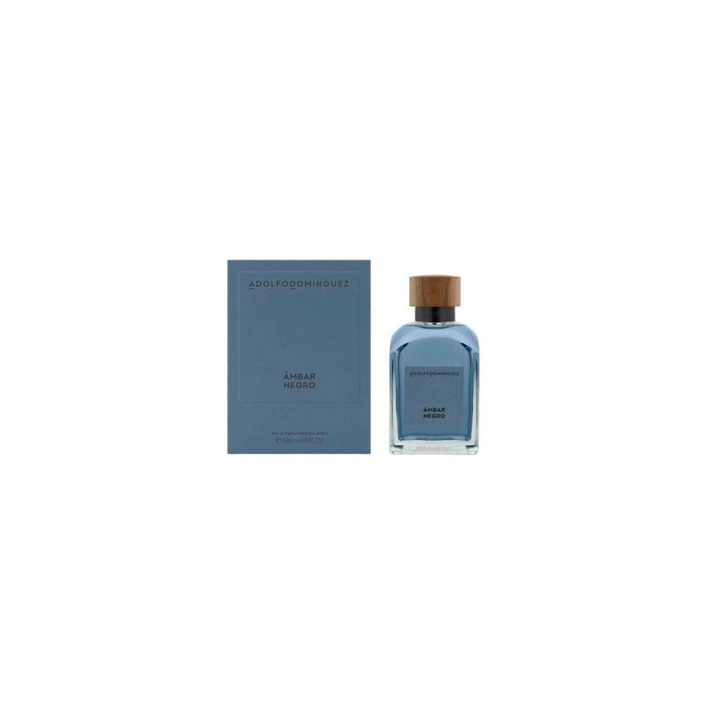 Parfümflasche und Schachtel. Auf der Schachtel und dem Flakon steht ADOLFODOMINGUEZ und ÁMBAR NEGRO. Holzdeckel auf der Flasche.