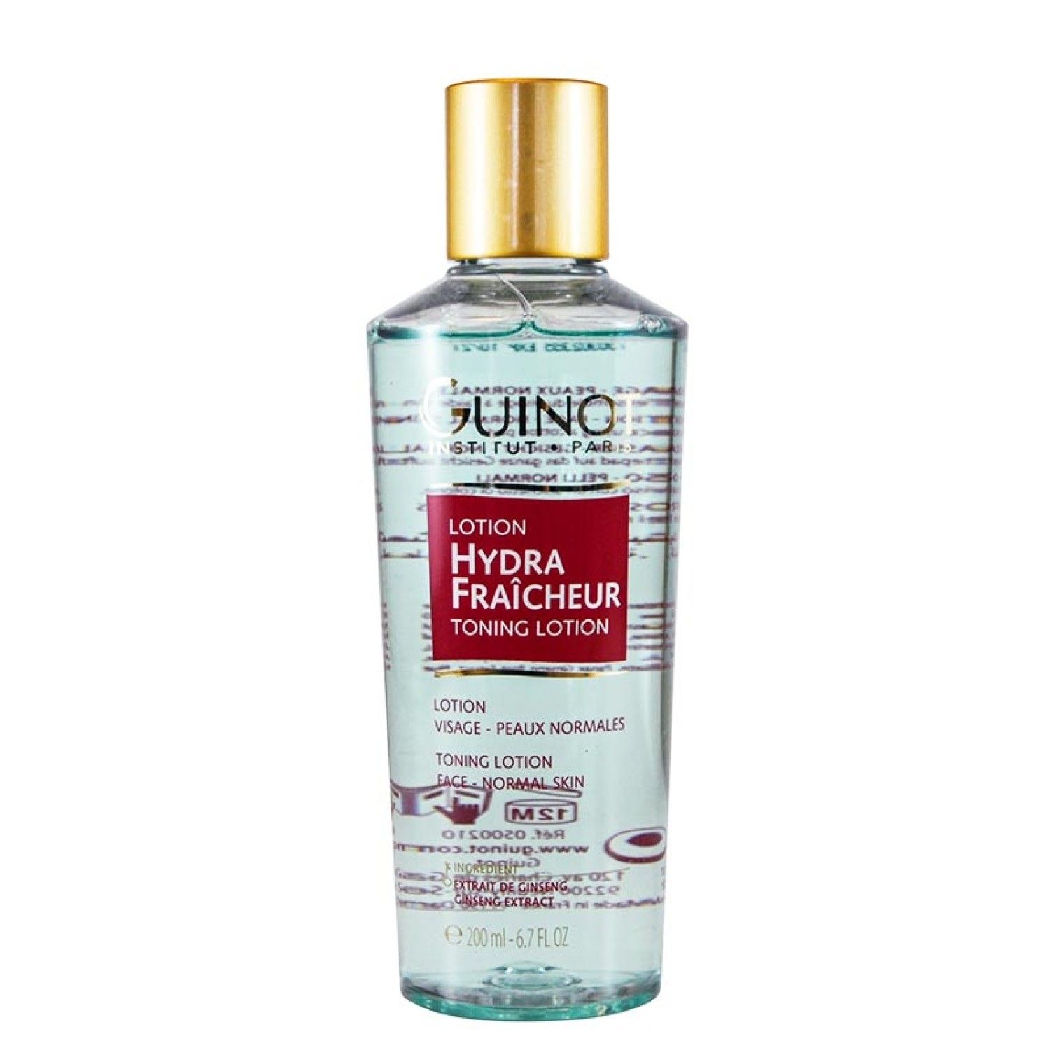Guinot Lotion Hydra Fraicheur. Flasche mit goldfarbenem Deckel. Rotes Etikett mit Produktbezeichnung. Blaue Flüssigkeit sichtbar.