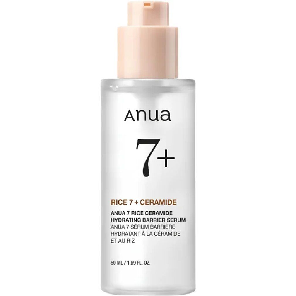 Anua 7 Rice Ceramide Serum Flasche mit Pumpspender, Frontansicht.