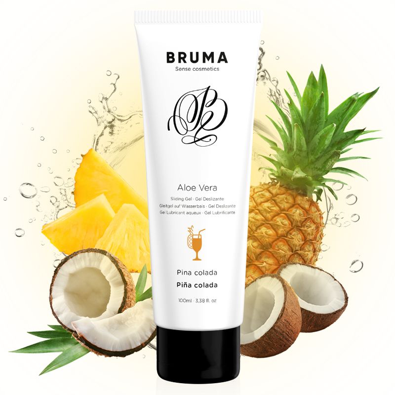 Weiße Tube mit schwarzem Deckel, Aloe Vera und Piña Colada Aufschrift, umgeben von Ananas und Kokosnuss.