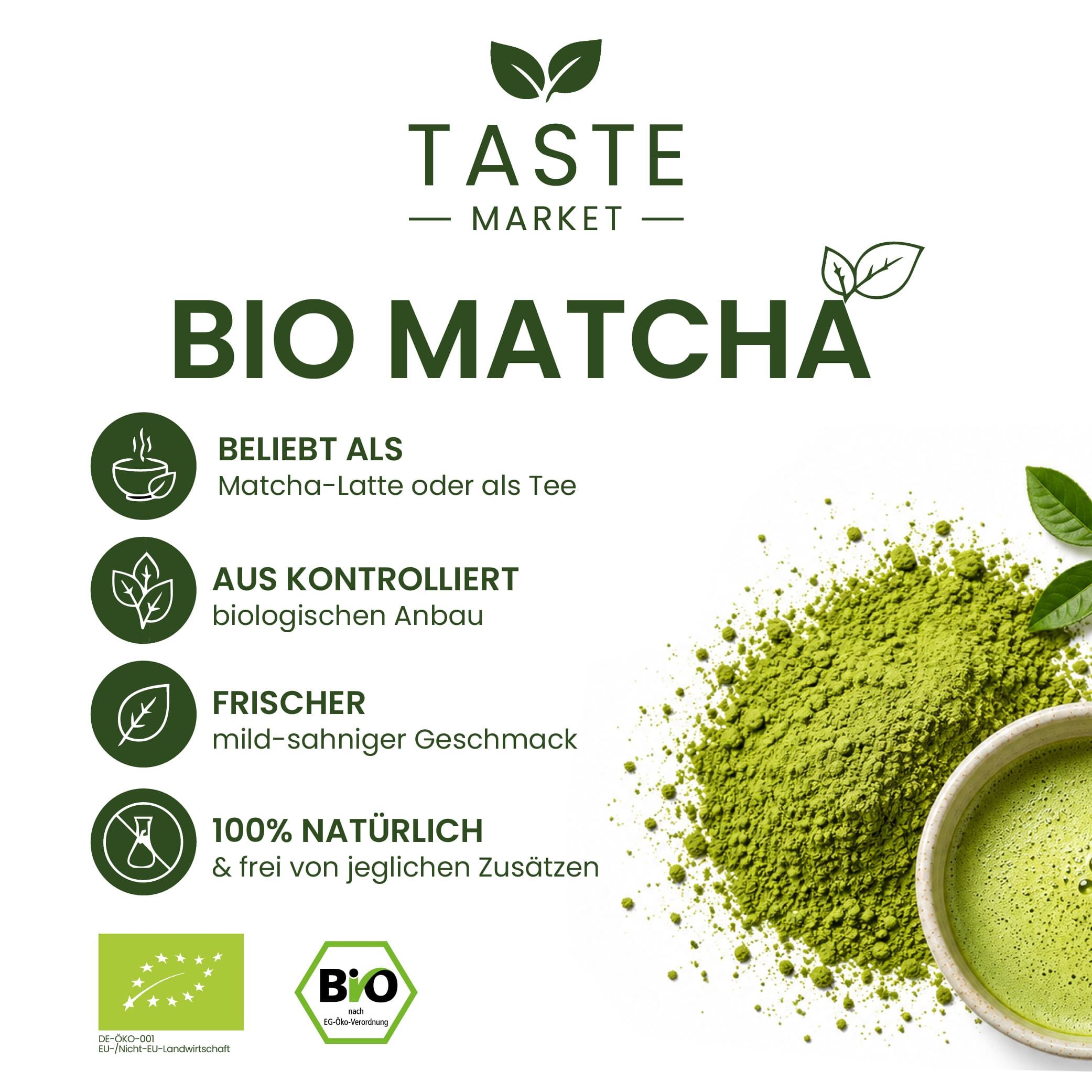 BIO Matcha Pulver mit Symbolen für biologischen Anbau und frischen Geschmack.