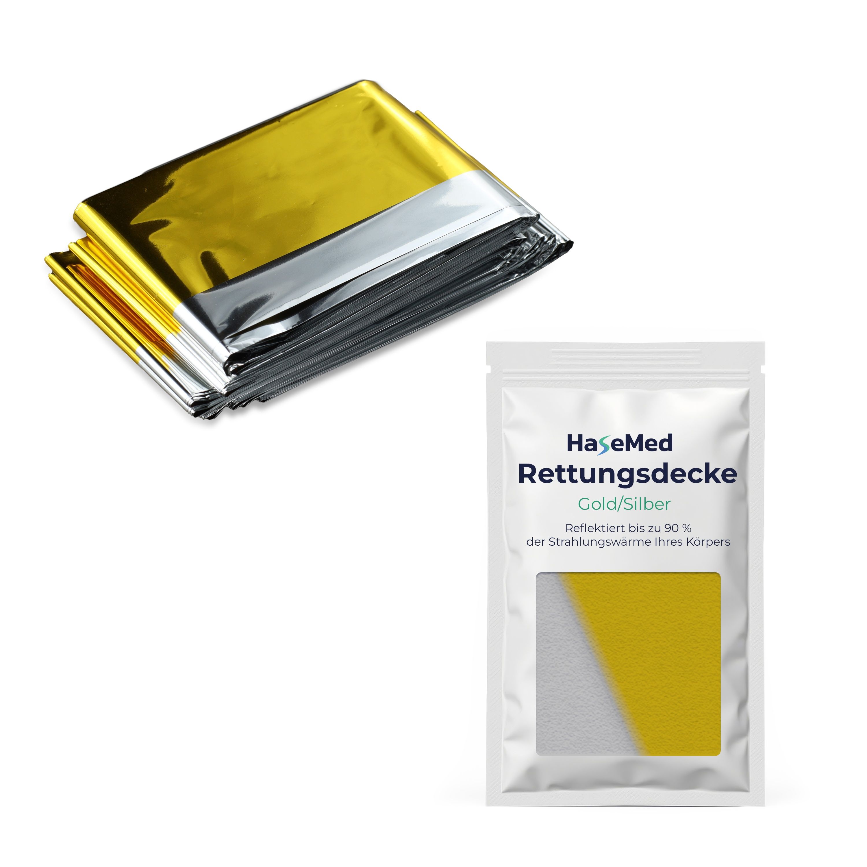 Gold-Silber Rettungsdecke, gefaltet. Verpackung mit Produktname und Beschreibung. Gold- und Silberseite sichtbar.