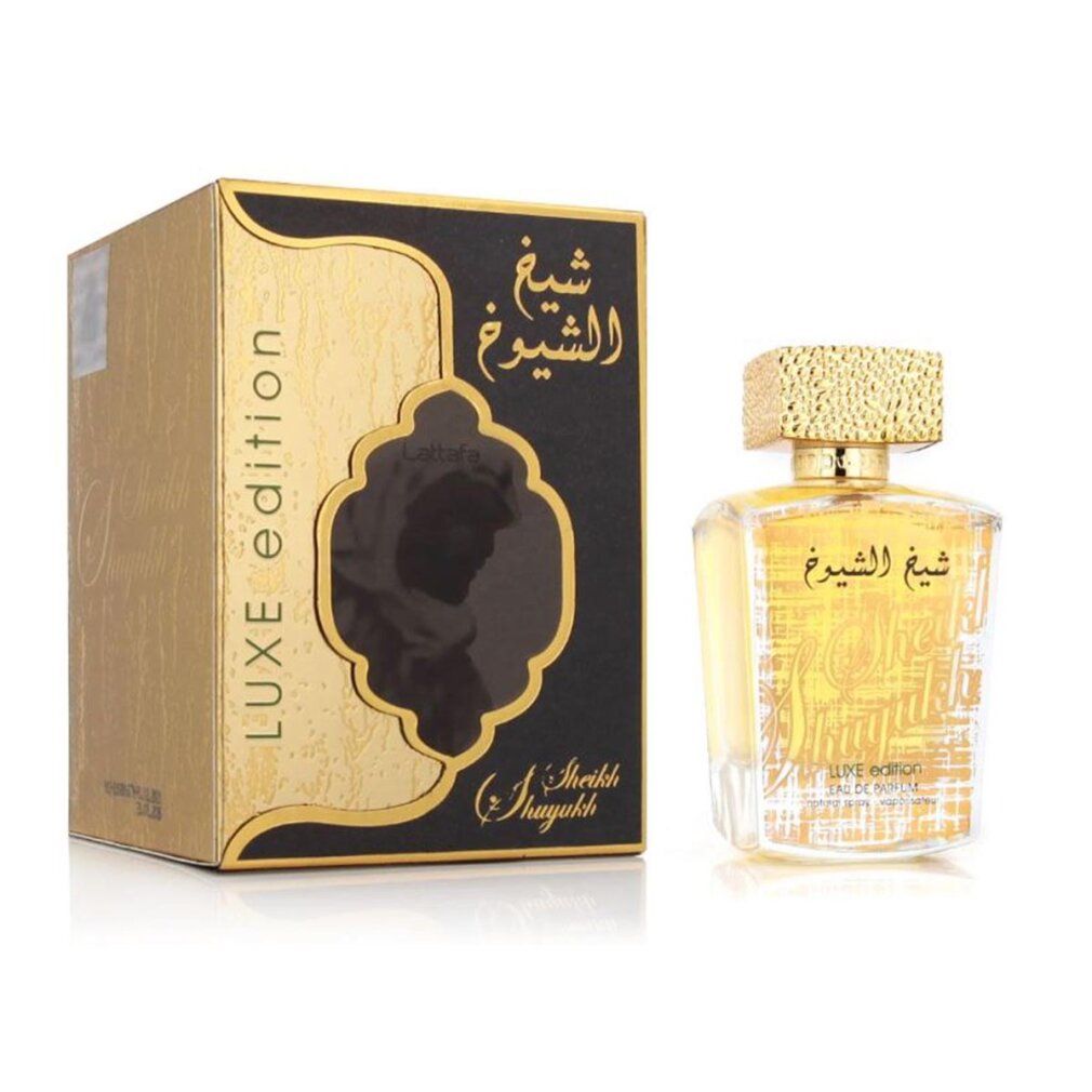 Goldfarbener Flakon mit goldener Kappe und Karton. Aufschrift: Luxe Edition, arabische Schriftzeichen.