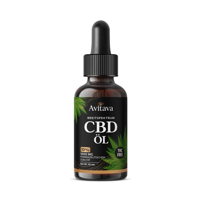 Avitava CBD Öl Flasche mit Pipette. Breitspektrum, THC-frei, 1000 mg, 10%. Dunkles Glas.