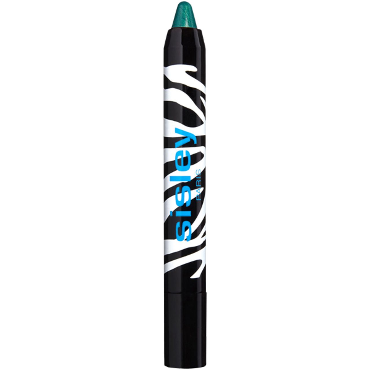 Sisley Phyto-Eye Twist Stift. Schwarze Kappe, Zebra-Muster, blaue Schrift. Grüner Farbton sichtbar.