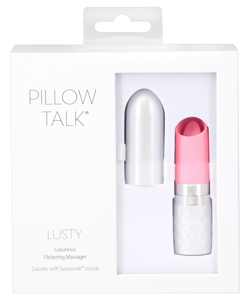 Produktverpackung. Weißer Karton mit Produktabbildung. Produktname: Pillow Talk. Text: Lusty, Luxurious Flickering Massage, Dazzles with Swarovski crystal.