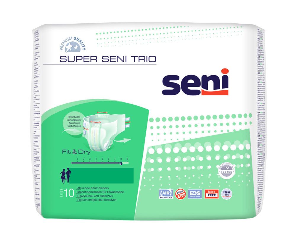 Verpackung Super Seni Trio, weiß. Text: Seni, Fit & Dry, medium, 10 Stück. Abbildung einer Inkontinenzhose.