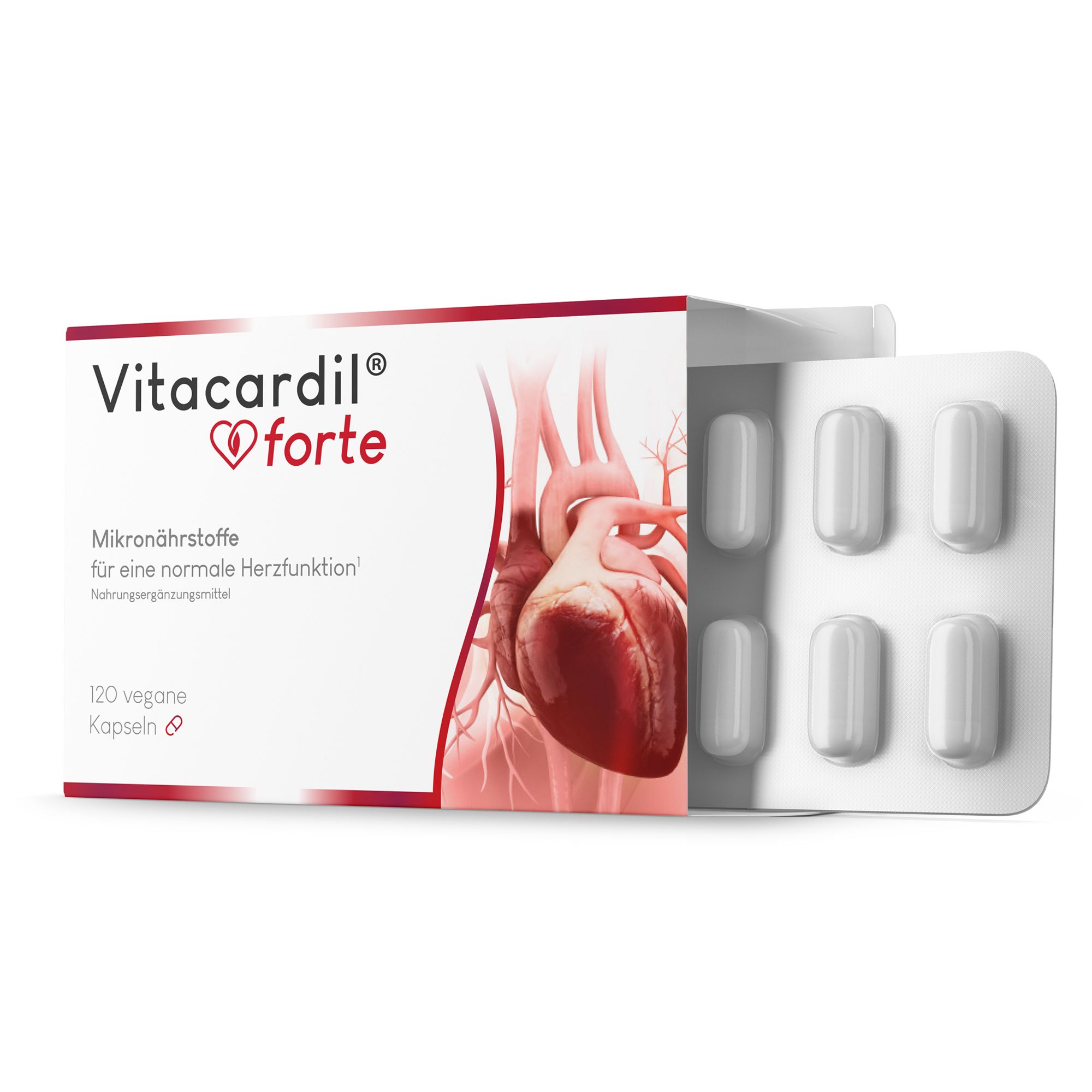 Eine Packung Vitacardil® forte mit geöffneter Blisterpackung. Es sind Kapseln sichtbar. Auf der Packung steht der Produktname und eine Abbildung eines Herzens.
