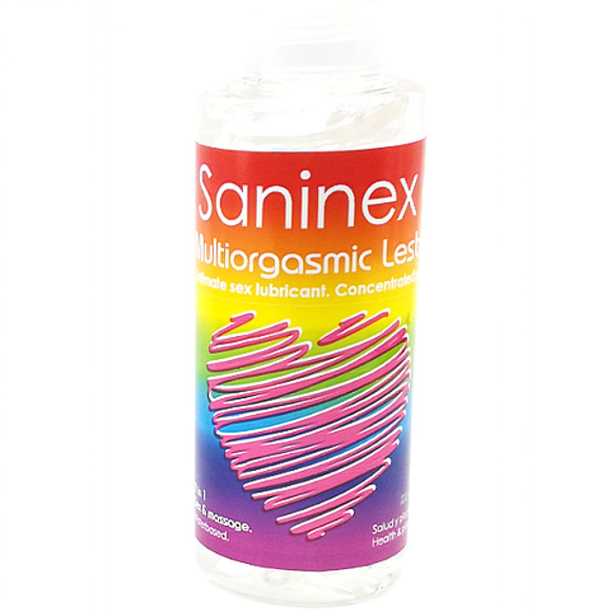 Transparente Flasche mit weißem Deckel. Aufschrift Saninex, darunter „Multiorgasmische Lesbe“. Regenbogenfarbenes Herz-Design.