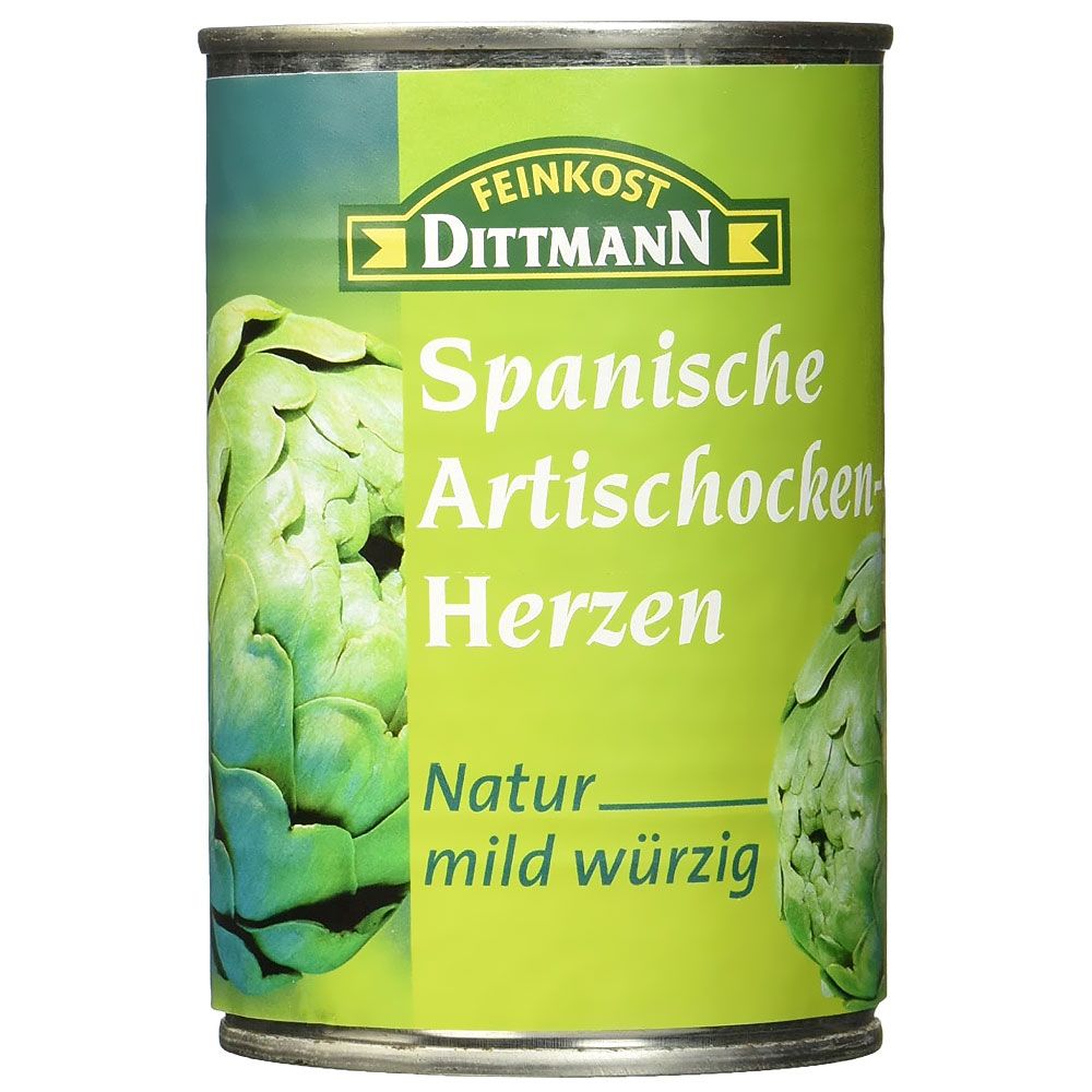 Konservendose mit Etikett. Aufschrift: Spanische Artischocken Herzen, Natur mild würzig. Marke: Dittmann.