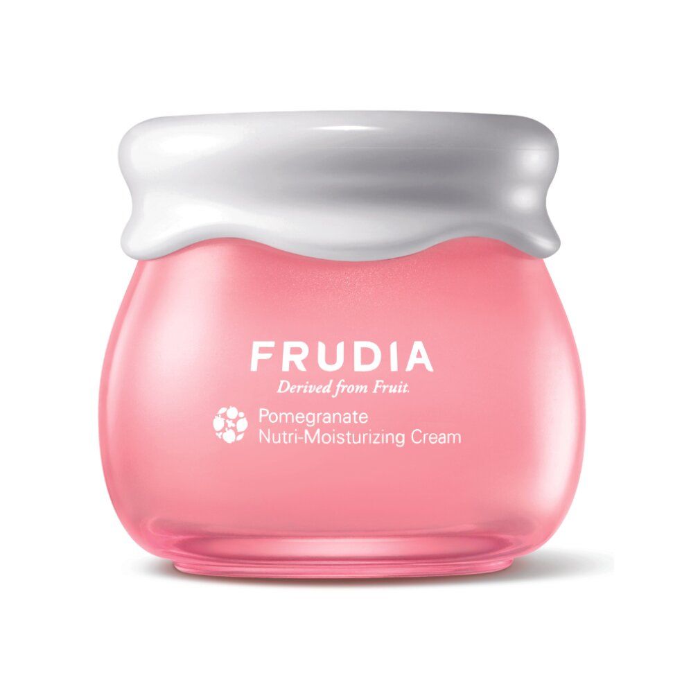 Frudia Granatapfelcreme in einem rosa Glasbehälter mit weißem Deckel.