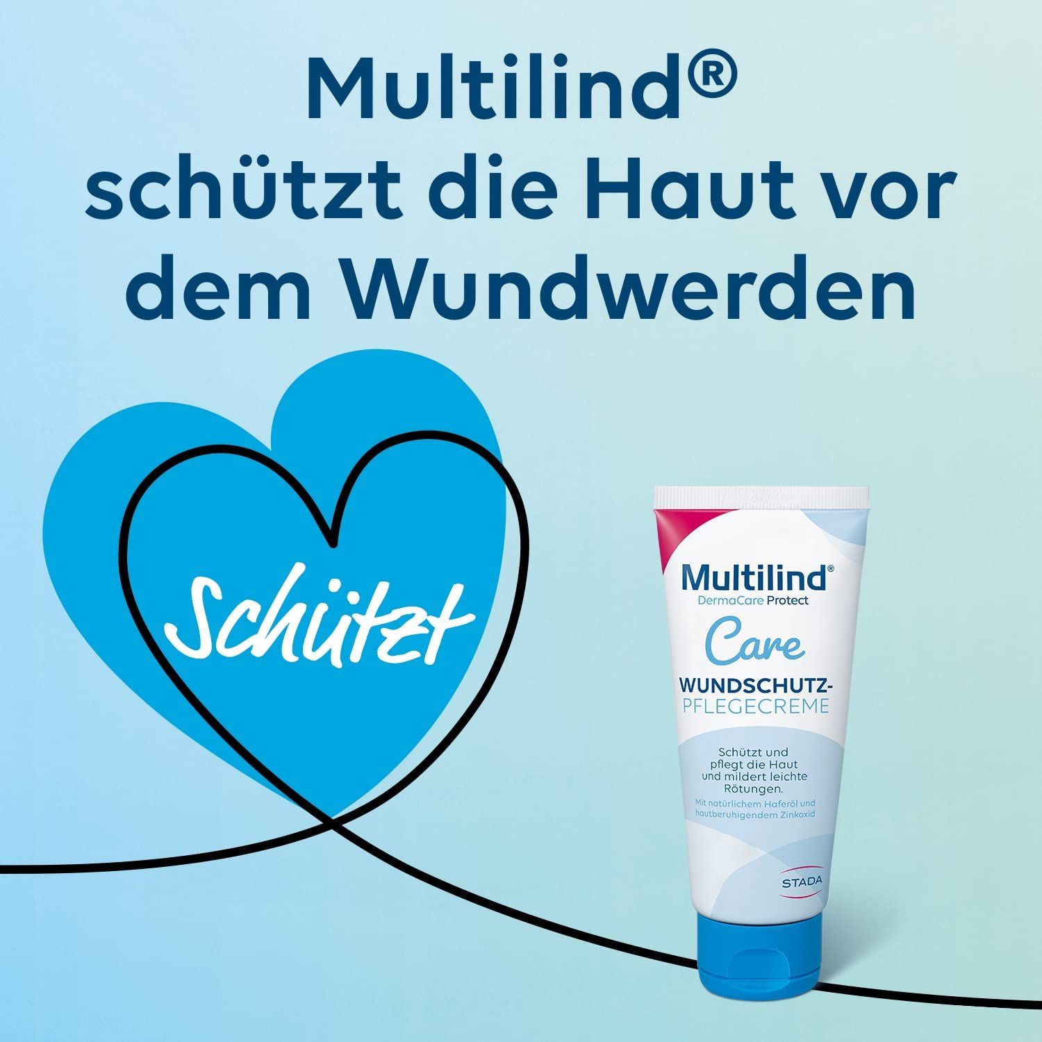 Creme-Tube mit Produktnamen und Herz-Symbol. Text: Schützt die Haut vor dem Wundwerden.