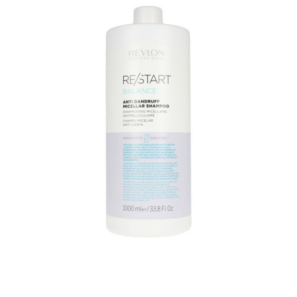 Weiße Flasche Revlon Re-Start Balance Anti-Schuppen Mizellen Shampoo. Text: RE/START BALANCE, Anti-Schuppen Mizellen Shampoo, 1000 ml/33.8 Fl. Oz.