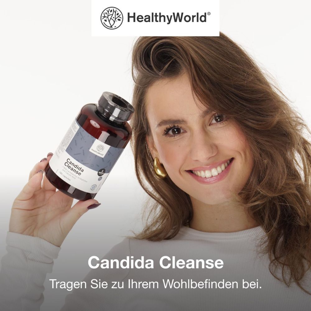 Flasche mit der Aufschrift Candida Cleanse. Text: Darmbalans, vaginaal evenwicht, antioxidatieve werking.