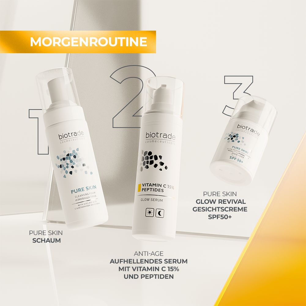 Drei Produkte: Pure Skin Reinigungsschaum, Serum, Pure Skin Glow Revival Gesichtscreme SPF50+. Morgenroutine.
