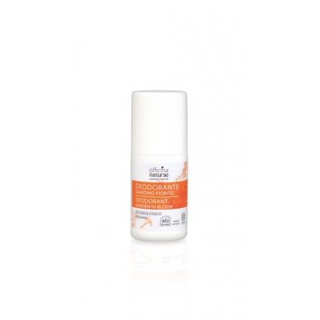 Deodorante roll-on bianco con etichetta arancione. Officina Naturae, Deodorante Giardino fiorito, eco biologico.