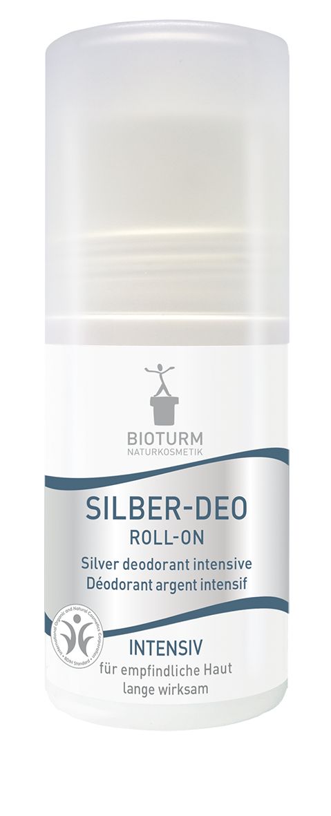 Roll-on deodorant. Opschrift: SILBER-DEO ROLL-ON, INTENSIV. Merk: BIOTURM NATURKOSMETIK. Witte verpakking.