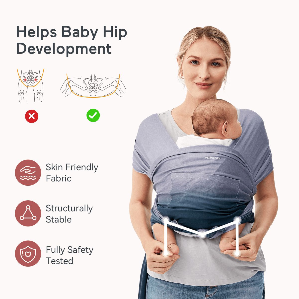 Momcozy-Tragetuch, blau-grau. Diagramme zeigen Hüftentwicklung. Text: hautfreundlich, stabil, sicherheitsgeprüft.