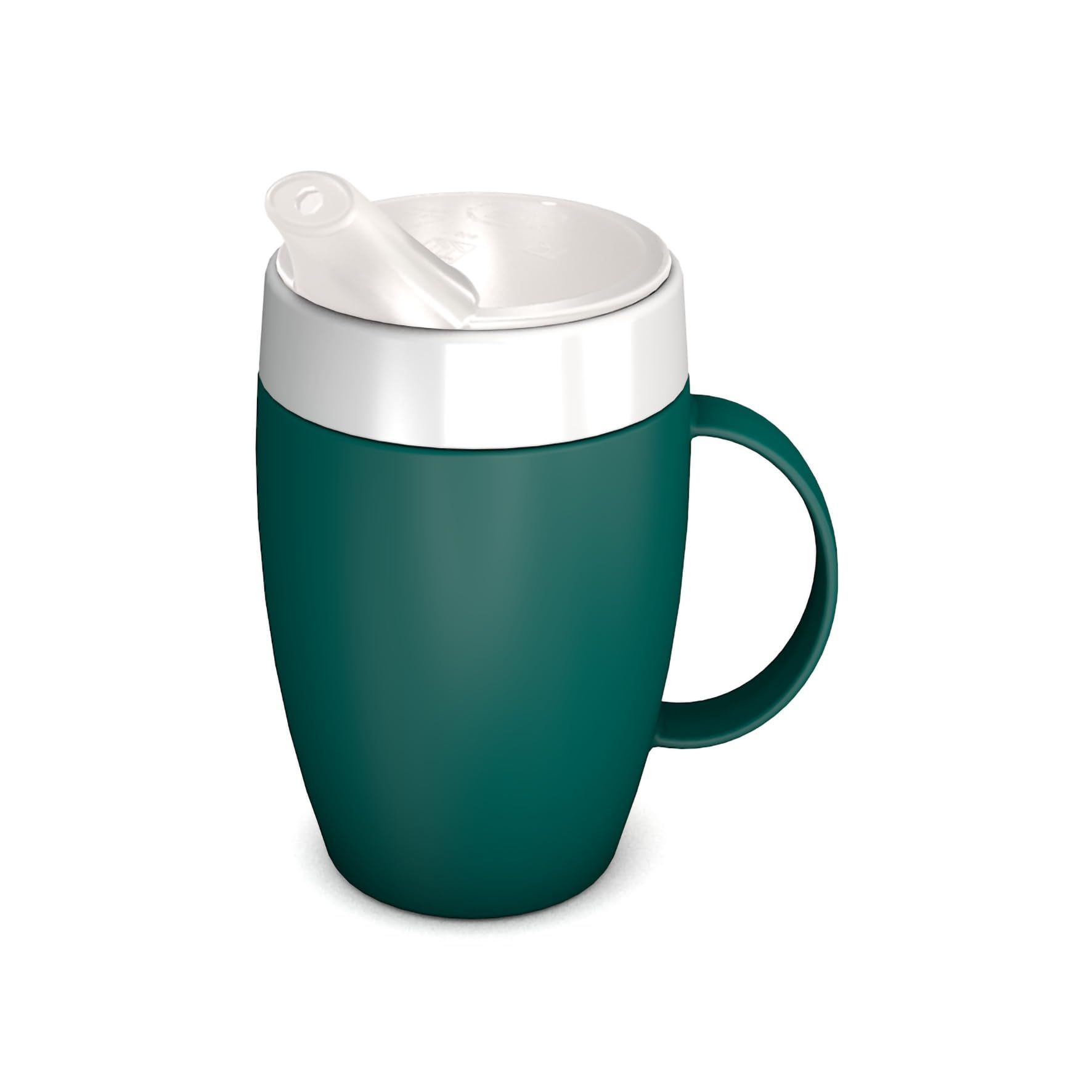 Becher mit Henkel und Trinkaufsatz. Grün, weiß. Kleiner Henkel. Schnabelaufsatz mit kleiner Öffnung.