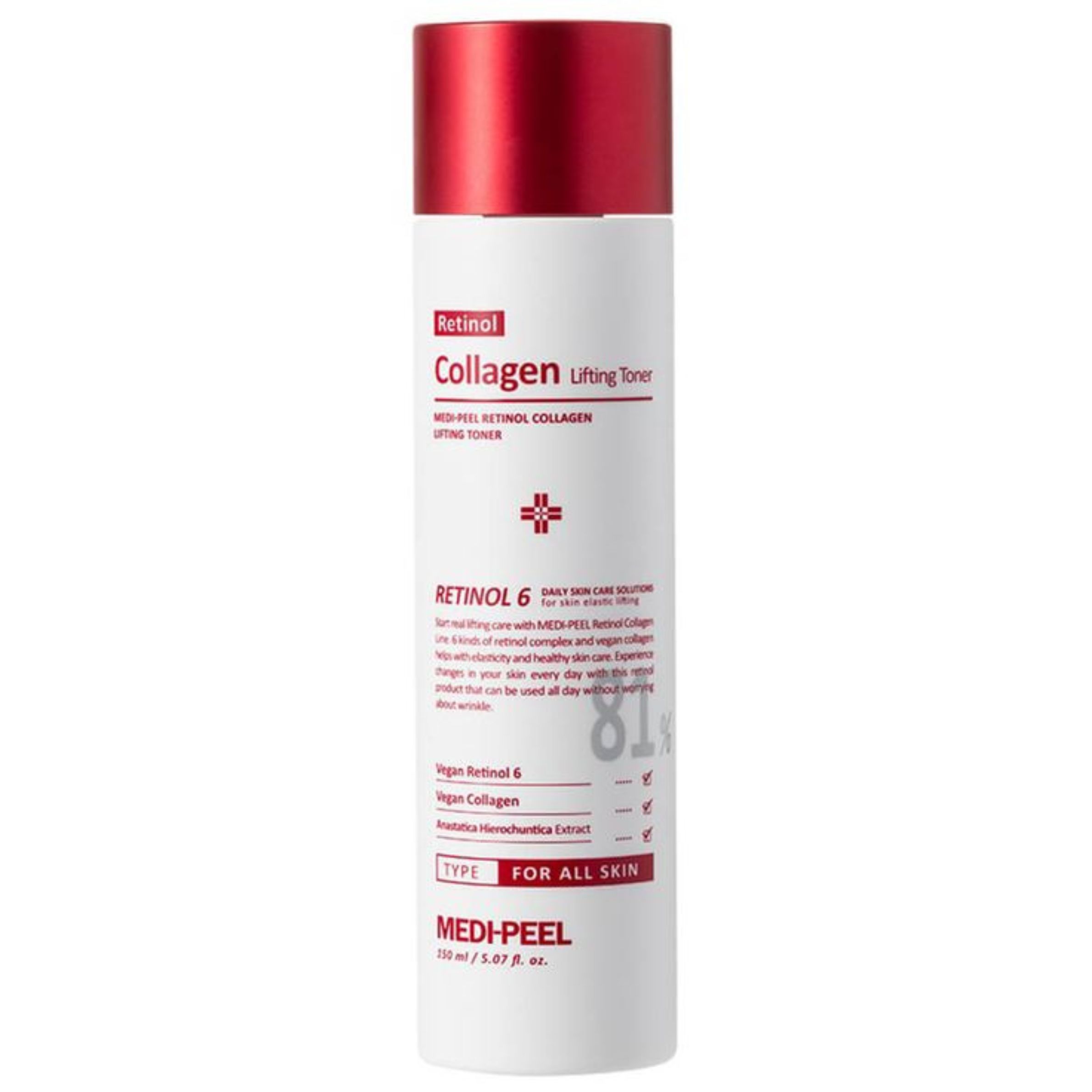 Weiße Flasche mit rotem Deckel. Aufschrift: Retinol Collagen Lifting Toner. Marke: MEDI-PEEL. Text und Logo.