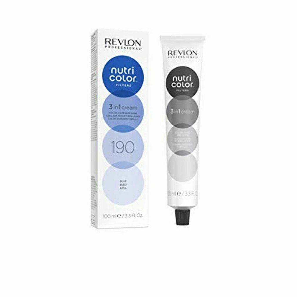Produktverpackung mit Tube und Schachtel. Tube: weiß, schwarz, silber. Schachtel: blau, weiß. Aufschrift: Revlon, Nutri Color Filters, 190.