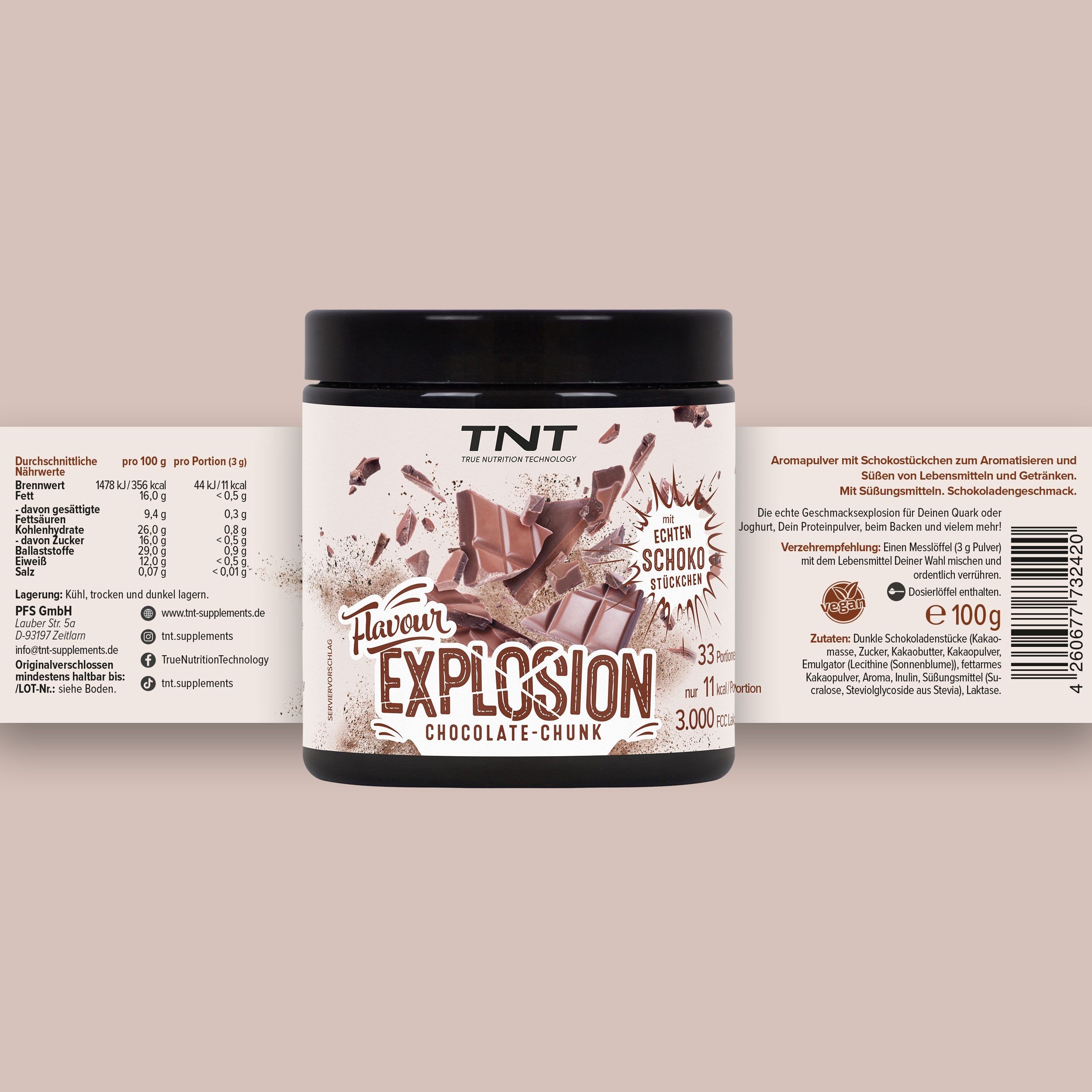 Schwarzer Behälter mit Schokoladenstück-Design. "Flavour Explosion Chocolate-Chunk" Aufschrift.