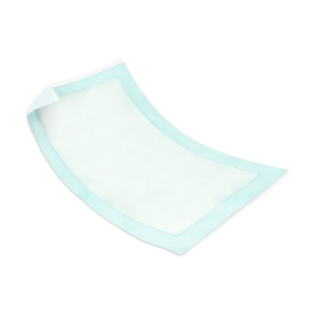 Einzelne Abena Abri-Soft Classic. Rechteckig, weiß mit hellblauem Rand. Leicht gewölbte Form.