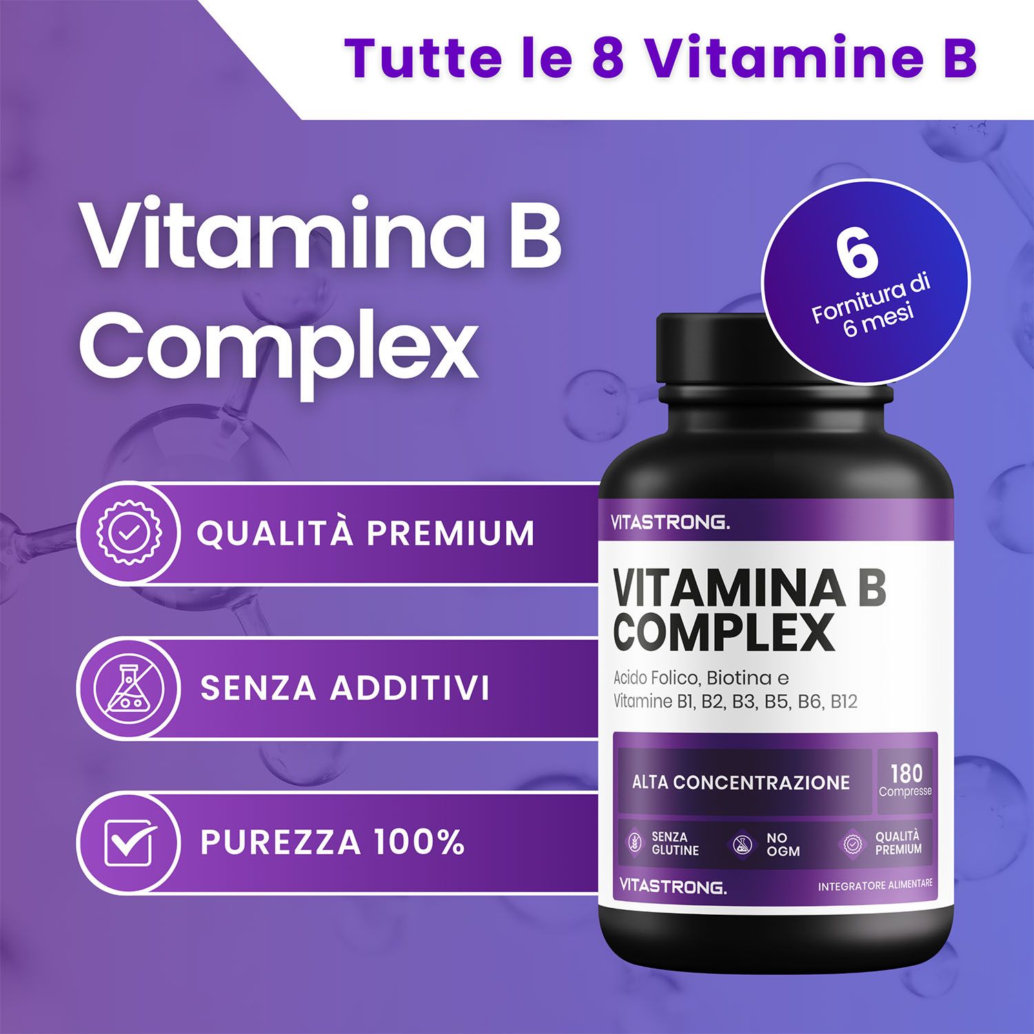 Vitastrong Vitamin B Complex Flasche. Mit Aufschrift '180 Tabletten'. Verpackung mit lila Akzenten.